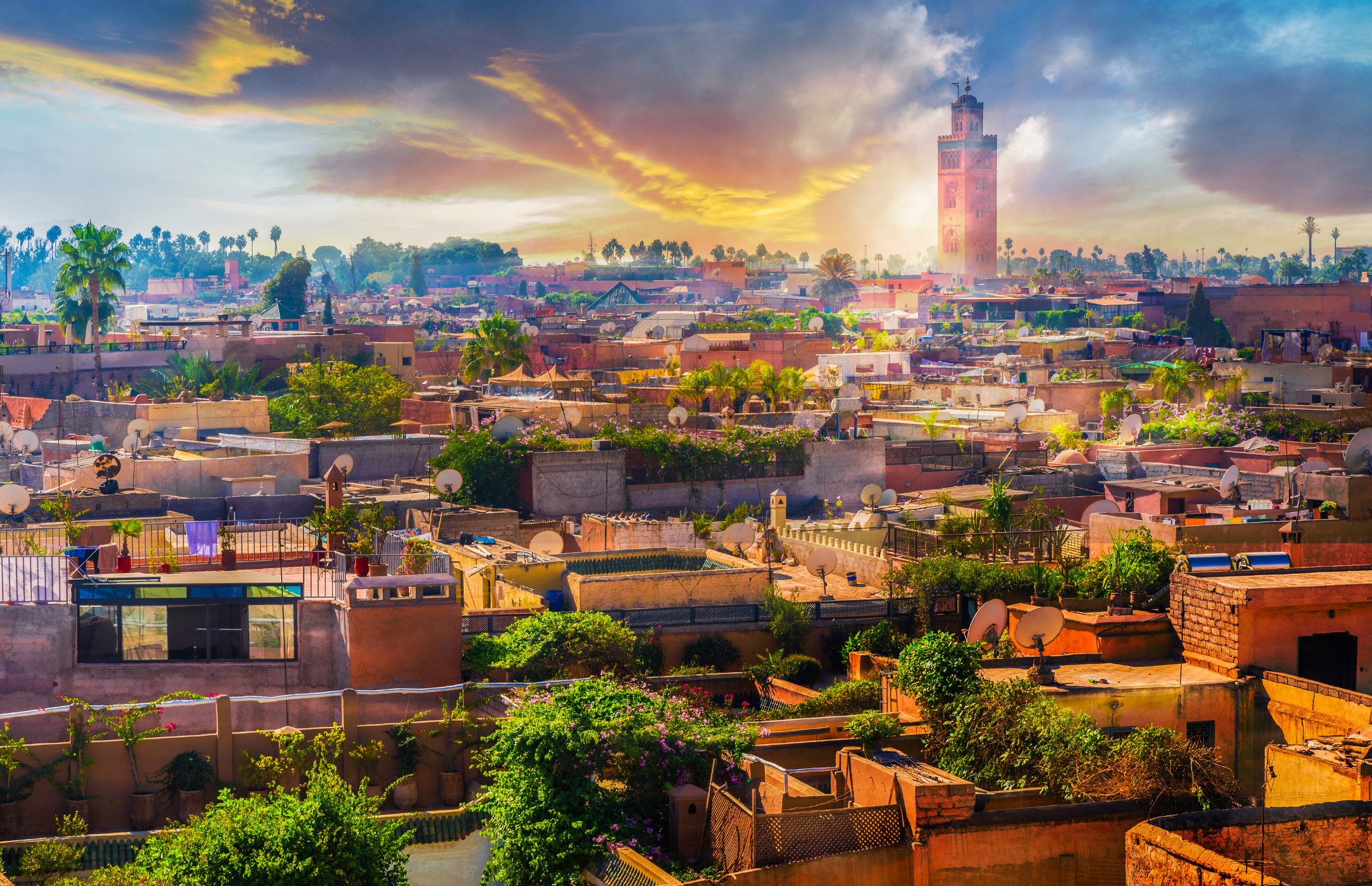 Marrakech cityscape with Koutoubia Mosque at golden hour